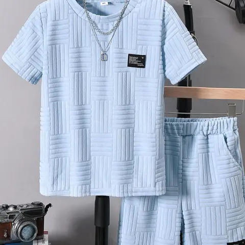 Two-piece Set Boy's Letter Patched Short Sleeve Tee & Shorts, Casual Round Neck T-shirt & Elastic Waist Shorts, Summer Clothes for Kids, Outfits Set, Clothes Sets