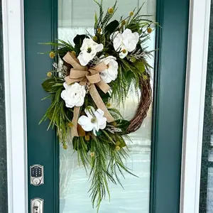 Cape Cod Style Artificial Magnolia Wreath with Hemp Bow, Ideal for Winter and All-Year Use, Perfect for Porch and Coastal Home Decor