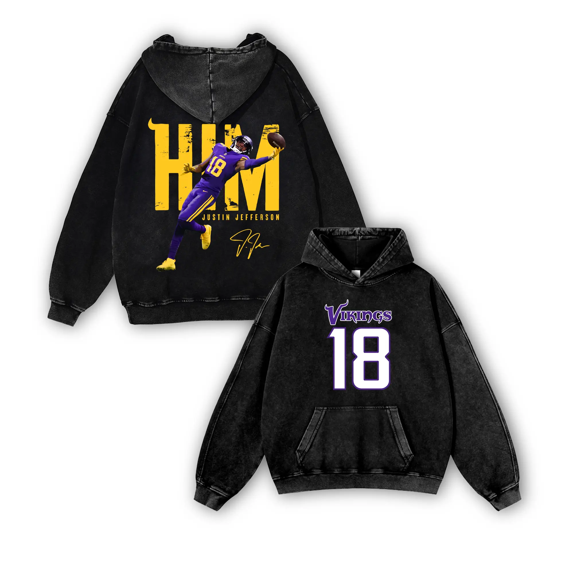 Justin Jefferson #18 Vikings Casual Washed Hoodie | Jet Jefferson WR Apparel, Purple Gold Pride, Vintage Washed Highlight Reel Vibe