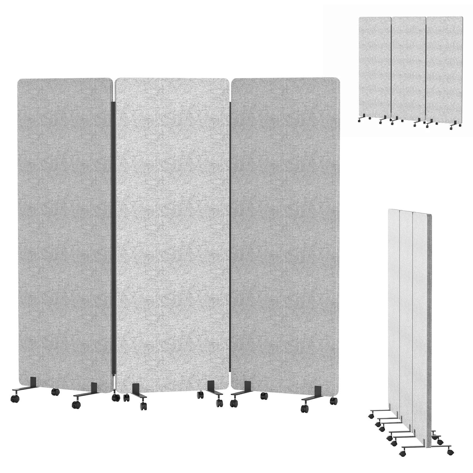 Large Size 3-Panel Foldable Sound Insulation Rolling Room Divider with Wheels, Freestanding Privacy Partition for Home, Classroom, Three Panels