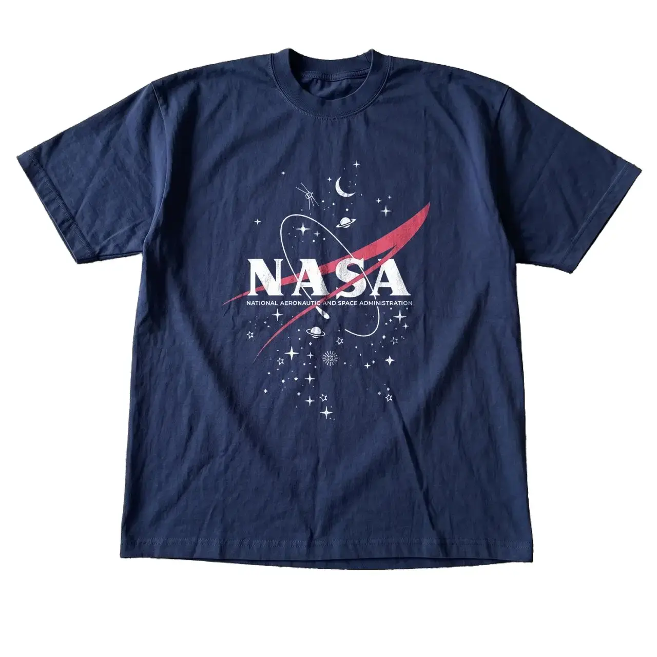 NASA Vector Logo with Galaxy Stars Graphic T-Shirt - Moon and Satellite Space Design Tee Unisex Dark Blue Retro Short Sleeve Cotton Shirt