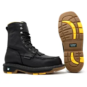 Fuerbo Moc Toe Lacer Work Boot Dual Density Goodyear Welt Sole Oil and Slip Resistant Anti-Fatigue Mid-Calf Round Toe L-44 Black Footwear Leather Industrial Comfort Shoe