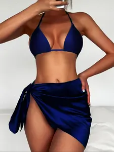 Women's Solid Color Swimsuit Set, Halter Triangle Bra & Wrap Skirt & Tie Side Thong Set, Ladies Summer Swimsuit for Beach Holiday Vacation, Bikini Skirt Set