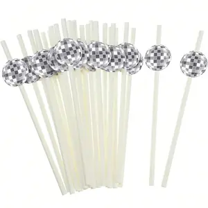 Disco Party Decorative Straws Utensils Set, Retro Disco Theme Disposable Paper Straw, Silver Color Mirror Foil Design, Perfect for Birthdays & Festive Events, Home Bar Accessories