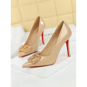 Women's French Style, Open Toe Fashion Shoes with Rhinestones & Metal Buckle, Slip-On PU Leather Single Shoe, High Heel Pumps