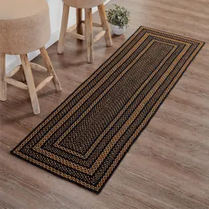Black & Tan Braided Jute Runner Rug, Non-Skid Pad, Rectangle, Black, 24x78