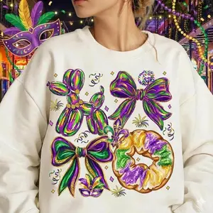 [Sale Up To 50%] Coquette King Cake Sweatshirt, Coquette Mardi gras sweatshirt, Mardi Gras Crawfish Sweater, Let the good times roll, Fleur De Lis, Mardi Beads, streetwear graphic tee