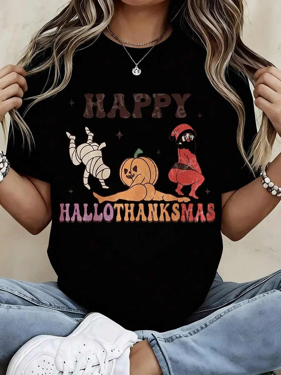 Happy Hallothanksmas T Shirt Women Funny Halloween Thanksgiving Christmas Hybrid Holiday Graphic Tee Casual Short Sleeve Top