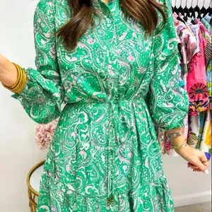 Green Paisley Print Long Sleeve Button Front Tied Waist Mini Dress with Elegant Design