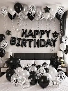Black Silver Birthday Balloon Decor Kit, Happy Birthday Letter Balloons with Star Foil Balloons, Latex Balloons, Confetti and Hanging Swirls for Party Backdrop