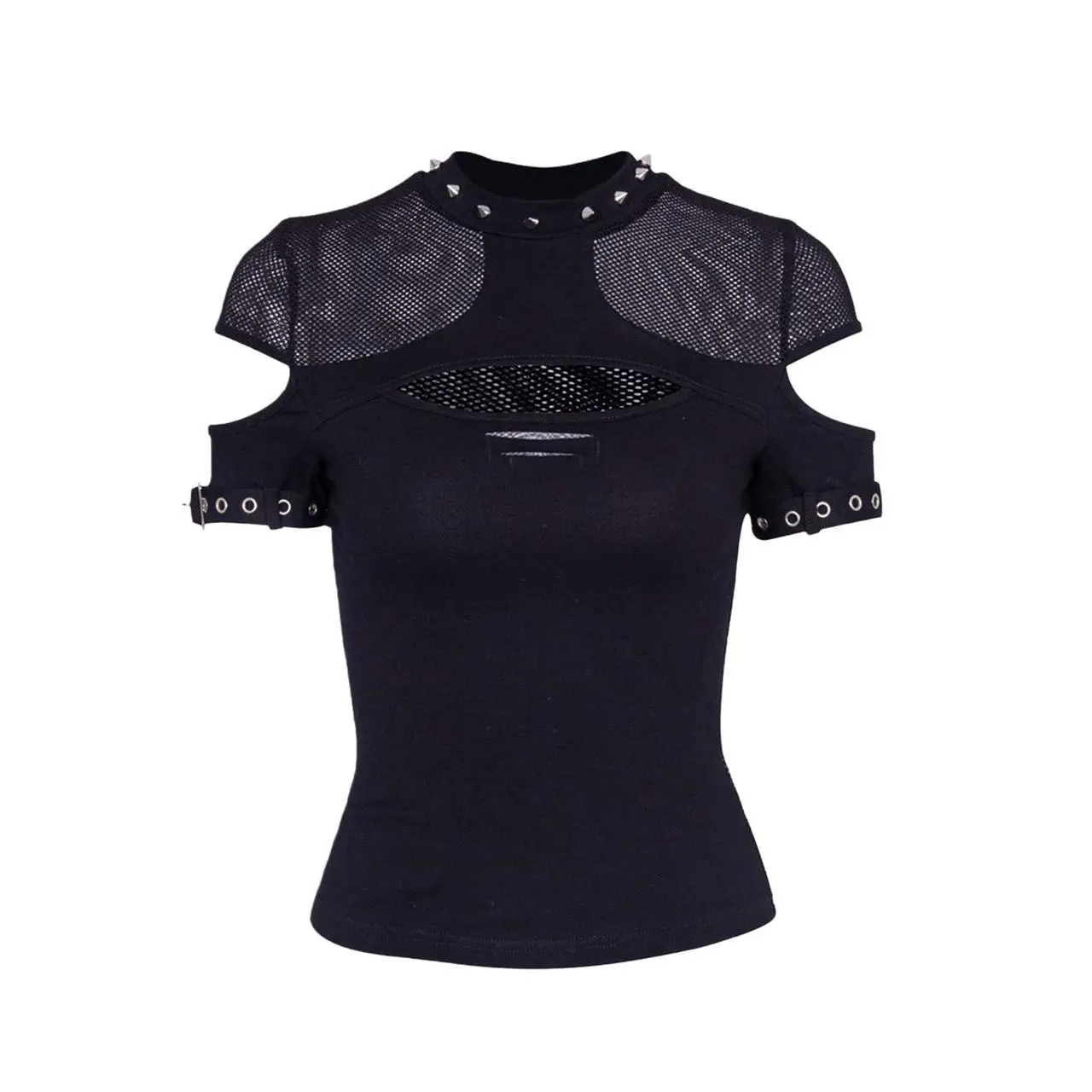 Women's Gothic Cutout Crop Top, Fishnet Mesh Short Sleeve Fitted Tee, Punk Round Neck Shirt for Clubbing & Going Out, Shortsleeve, Basic, Casual, Streetwear, Tshirt, Cold Shoulder, Plain