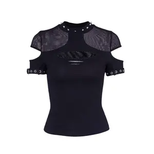 Gothic Crop T Shirt for Women - Black Fishnet Crew Neck Cutout Short Sleeve Fitted Harajuku Punk Top and Tee for Going Out and Club