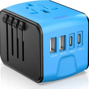 Universal Travel Adapter with 4 USB C/A Ports and AC Outlets, All-in-One International Power Plug Adapter for All USB Devices, Worldwide Travel Charger for Europe US UK AU 200+ Countries(Blue)