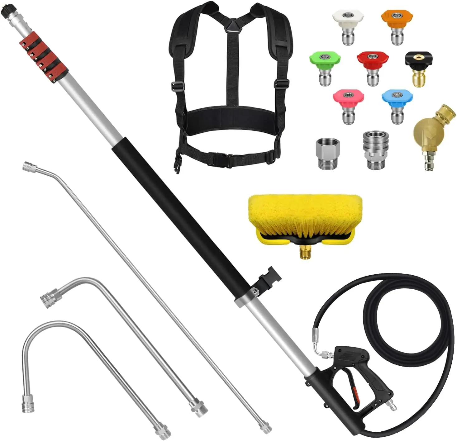 24FT Telescoping  Washer Wand Kit - 2 Extension Poles, Gutter Cleaner, Brush, Pivoting Coupler & 7 Nozzles for Roof, Deck, , Sidings
