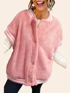 Gossamer Pink Varsity Striped Banding Patchwork Winter Plush Vest - 100% Polyester Fitted Medium Length Casual Winter Vest for Layering