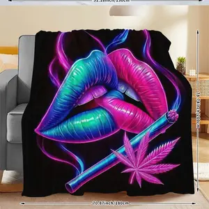 Colorful Lip & Cigarette Print Blanket, Soft Throw Blanket, Cool Bedroom Bedding Blankets, Warm Napping Blanket for Home Office Travel