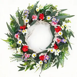 20 Inch Artificial Spring Flower Wreath for Front Door, Colorful Floral Door Wreath with Eucalyptus Leaves, Daisies, and Mixed Blooms for Indoor Outdoor Porch Wall Window Home Decor