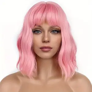 12" Pink Colored Bob Wig Form Women Body Wave Synthetic Hair For Girl Party Daily Life