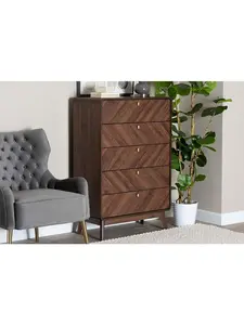 Baxton Studio 193271390410 47.2 x 31.5 x 15.7 in. Markell Mid-Century Modern Transitional Wood 5-Drawer Storage Chest, Walnut Brown & Gold