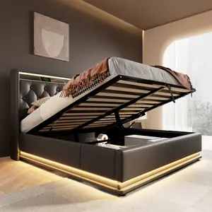 Full size Platform Bed Frame with Charging Station, LED Lights and Lift Up Storage, PU Leather Upholstered Full Storage Bed with Wingback Headboard, Remote Control, Heavy Duty Wooden Slats, No Box Spring Needed, Black