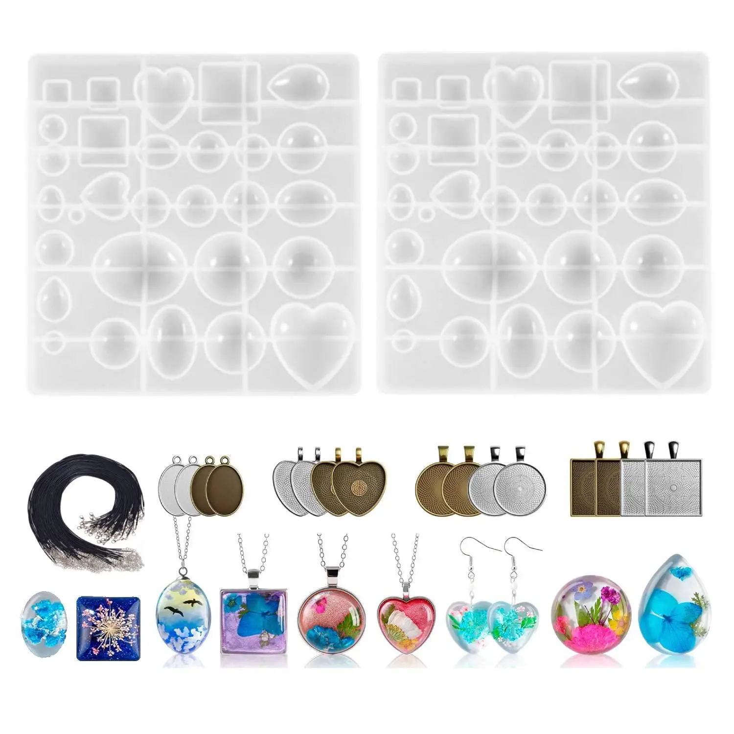 2 Sets Cabochon Resin Silicone Molds Kit, With 16 Metal Pendant Trays & 20 Extension Chains, Multi Shapes DIY Jewelry Making Tools for Earrings Necklaces Keychains Handmade Craft Gifts