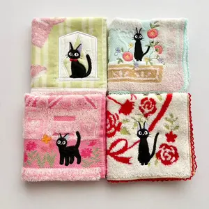4PCS 10"X10" Pretty Soft Absorbent Cotton Decorative Black Cat Embroidered Towels Set as Gift Home Decor