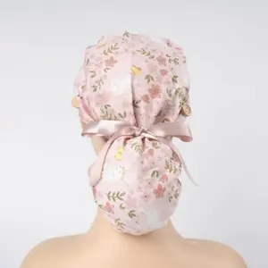 Bunny Flowers Pink Ponytail Scrub Cap: Forehead Sweatband & Mask Buttons