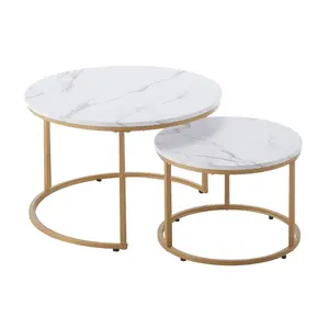 VEVOR Nesting Coffee Table Set of 2, 27.6 in Round Coffee Table, Nesting Tables for Small Place, Vintage End Side Tables Night Stand with Metal Frame, for Living Room, Bedroom, Office (White & Gold)