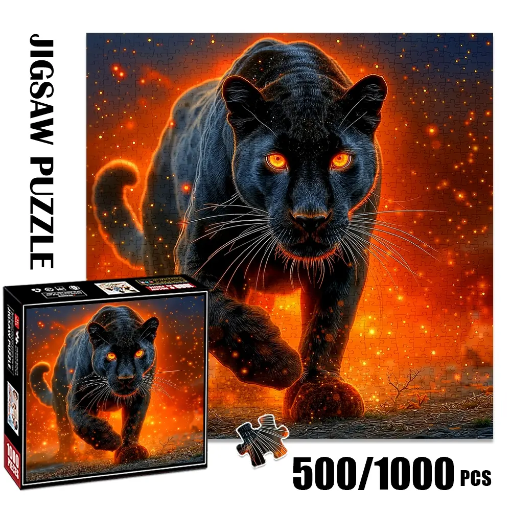1pc 1000 piece adult puzzle 58x58cm Glaring Black Panther with Fiery Eyes500 pieces paper jigsaw puzzle suitable for DIY creative games for adults and families, birthday and holiday stress relief gif