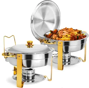 ROVSUN 2 Packs Gold Chafing Dishes for Buffet, 5QT Round Chafing Dish Buffet Set, Stainless Steel Chafers and Buffet Warmers Sets for Parties Weddings Catering