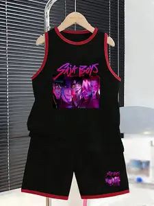 Summer Boys' Sports Set, Anime Boy & Saja Boys Logo Print, Casual Two-Piece, Loose Fit, Sleeveless Vest & Short Pants, Comfortable Breathable