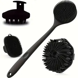 Silicone Bath & Shower Brush Set - Dual-Sided Long Handle for Back Face & Scalp Massage Gentle Exfoliating Body Scrubber with Soft Bristles Non-Slip Grip for Deep Cleaning Black BF640324