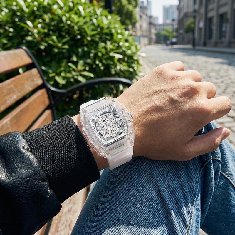 Men's Luxury Transparent Waterproof Barrel-Shaped Tonneau Skeleton Quartz Watch with Calendar Display & Luminous Markers Water Resistant Wristwatch for Daily Party & Outdoor Use Great Birthday Gift Idea with Tin Box Included