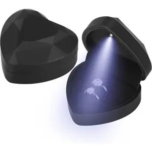 Heart Shaped Wedding Ring  Box with LED Light, Double Ring Boxes with 2Slots for Engagement Proposal Ceremony, Small  Holder Display Case for Women Girl (Black)
