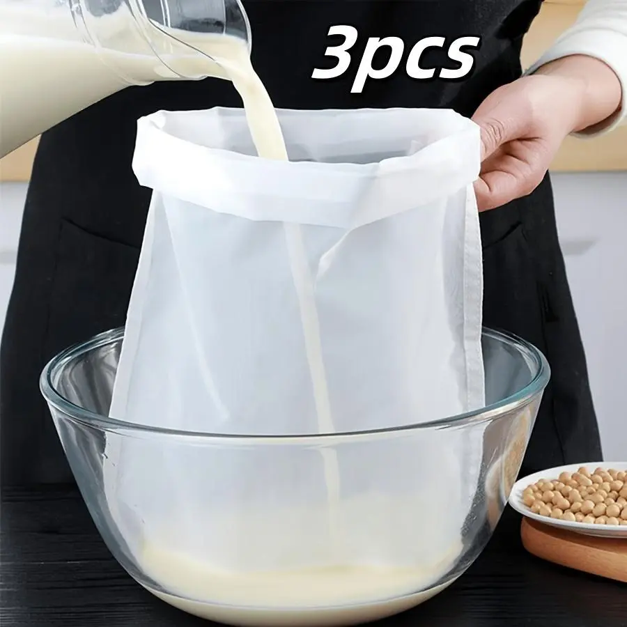 Reusable Strainer Bag with Handle, 3pcs Multipurpose Kitchen Filter Bag, Household Kitchen Gadgets for Milk, Soy Milk, Yogurt, Tea, Fruit Tea Strainer, Coffee, Tea Making Tools