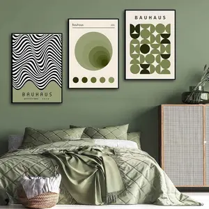 3pcs Bauhaus Mid Century Modern Wall Art Bauhaus 1923 Posters Pictures Green Boho Abstract Geometric Canvas Prints Black Line Paintings for Living Room Bedroom Dining Room Wall Decor Unframed Modern Art Design