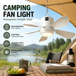 16-inch ceiling-mounted fan, 3600mAh portable outdoor hanging fan equipped with lighting function, remote control and hook, rechargeable via USB. Suitable for pavilions, tents, patios, camping barbecue areas and other locations.