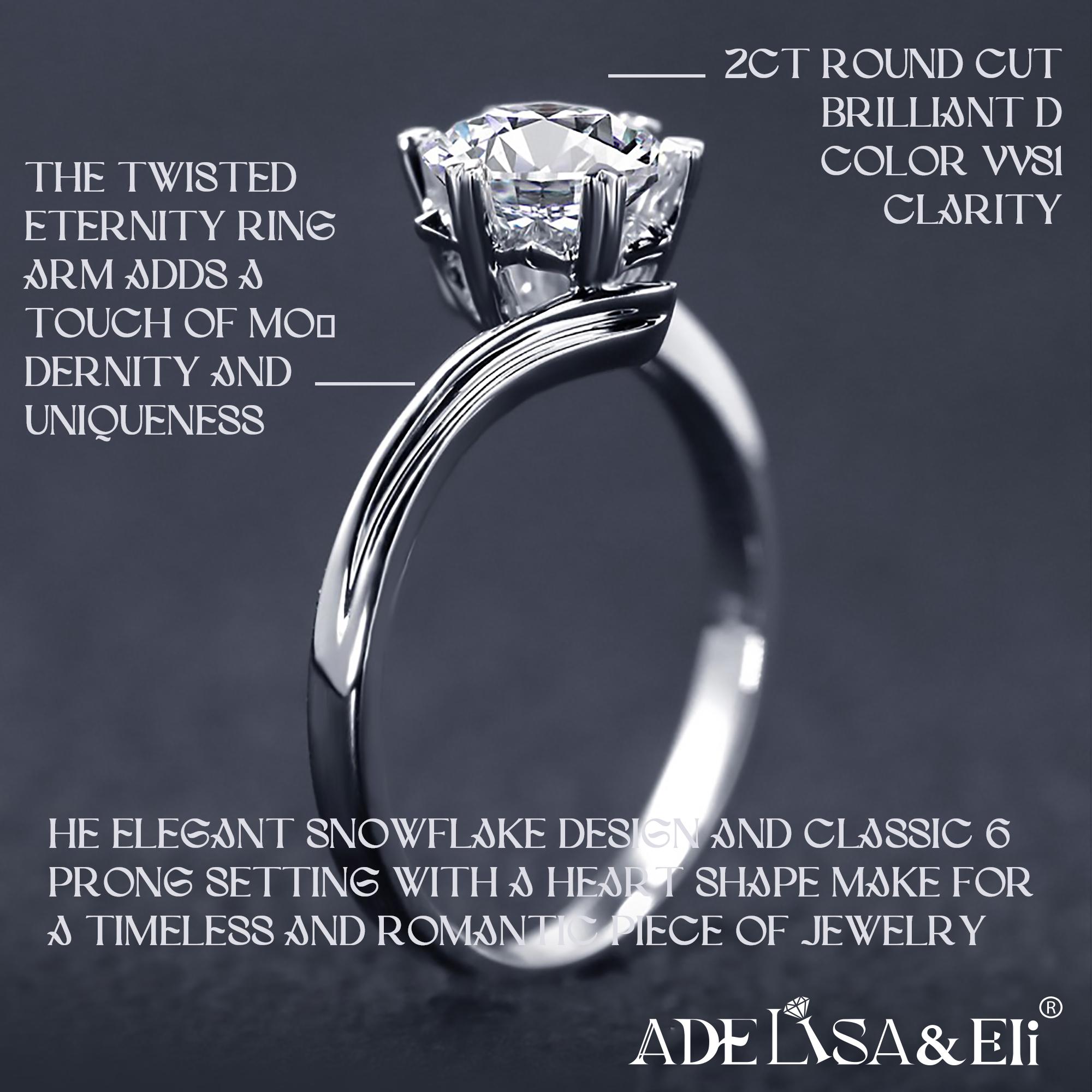 Adelisa&Eli Moissanite Adjustable Ring for Women - 2ct Silver S925 Ring with 6 Claw