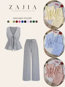 2026 New Striped Front Bow Open Front Long Sleeve Shirt, Casual Straight-Leg Pants, Versatile 2pcs Set, Fashionable Combo, Womenswear