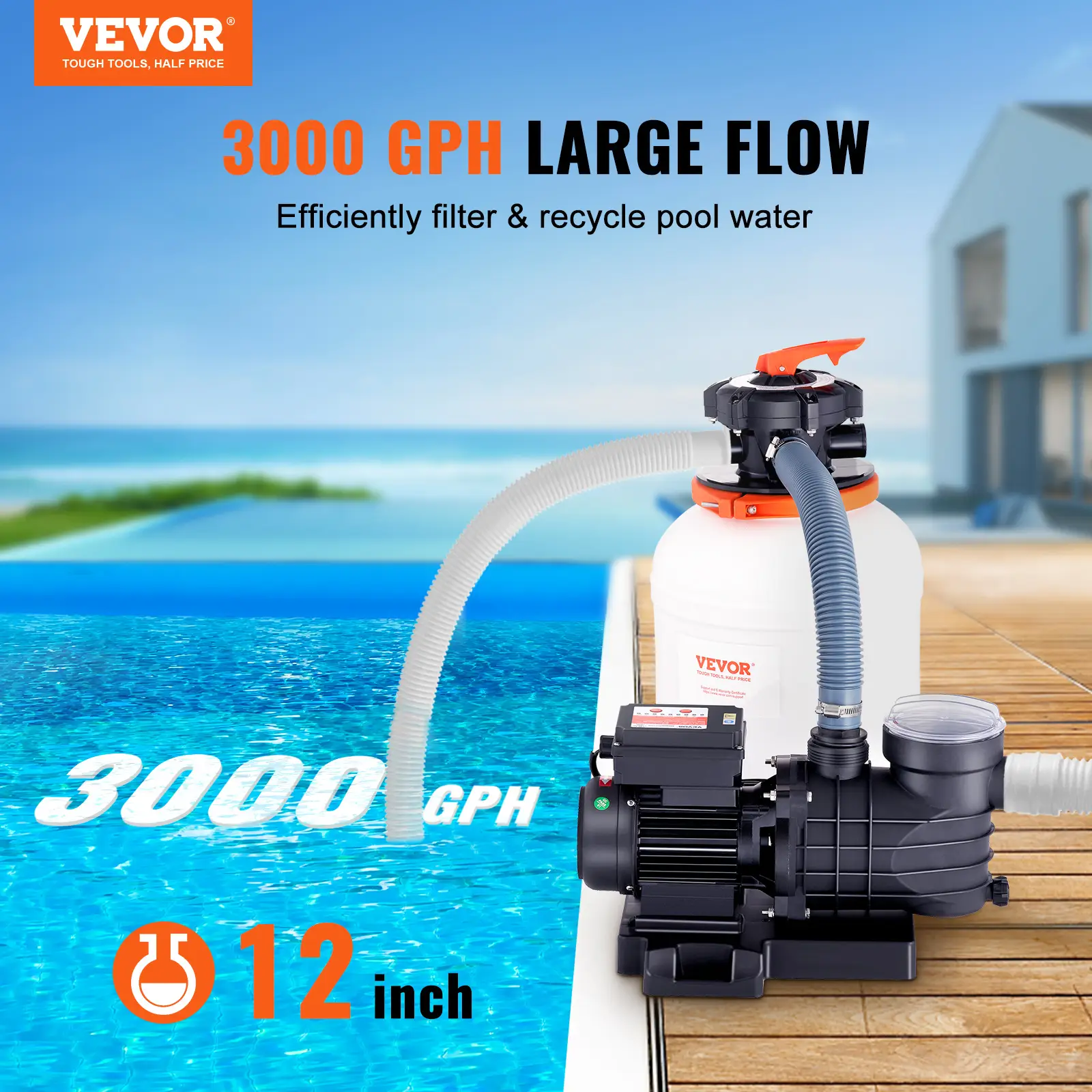 VEVOR Sand Filter Pump for Above Ground Pools, 12-inch, 3000 GPH, 1/2 HP Swimming Pool Pumps System & Filters Combo Set with 6-Way Multi-Port Valve &