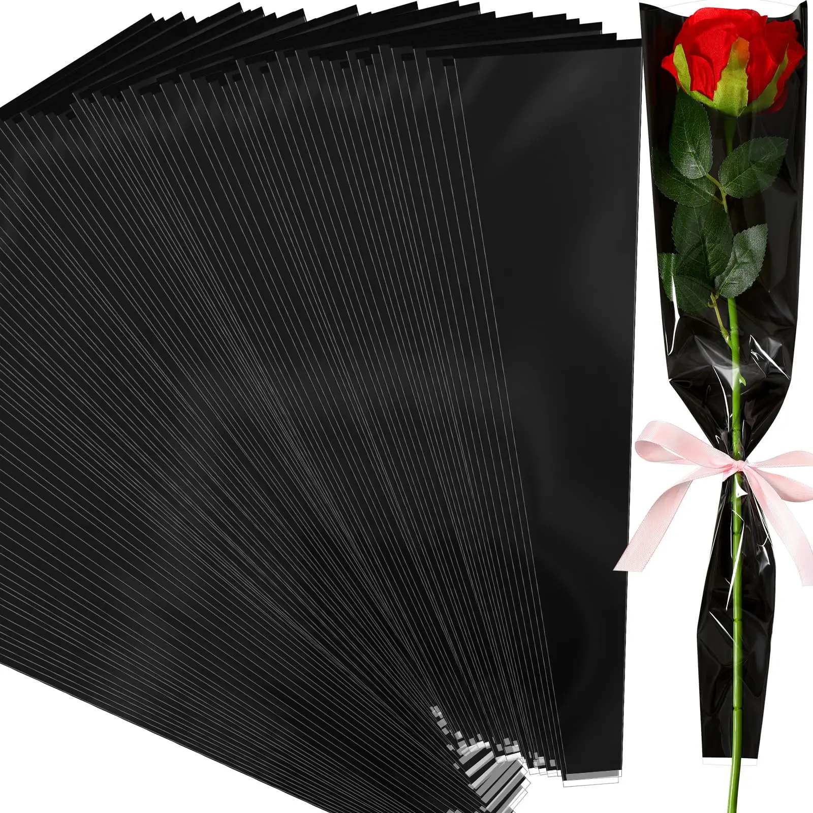 100 Single Rose Sleeve Bouquet Bags For Flowers Floral Packaging Bag Flower Wrapping Paper Sleeves Mother's Day Valentine's Gift Wedding(black)