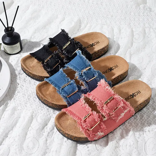 Roxoni Women's Comfort Flat Sandals Double Buckle Adjustable Straps Flat Slides Footbed Suede