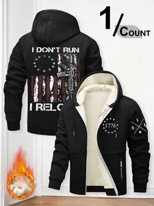 Men's 1776 American Independence Day Fleece Jacket, Vintage Distressed Flag Hooded Zipper Military Style Warm Top for Winter Casual Wear