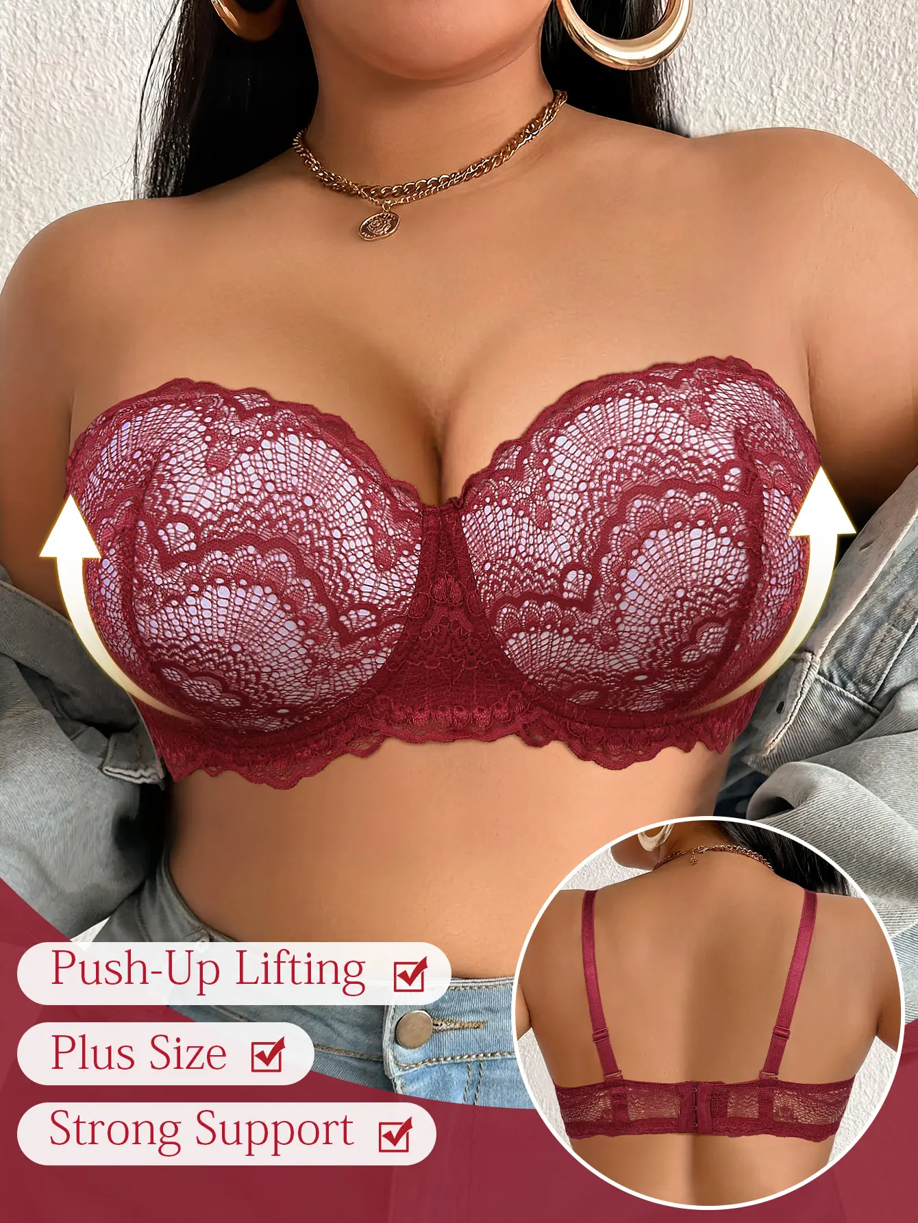 Women's Plus Size Lace Strapless Push Up Underwire Minimizer Bra, Slimming Bandeau Bras, Adjustable Removable Straps, Hide Bulge, Anti-Sag, Side Lift Support, Slimming Breathable Comfort, for Summer Dresses, Vacation Outfits, SummerWins, DealsForYouDays