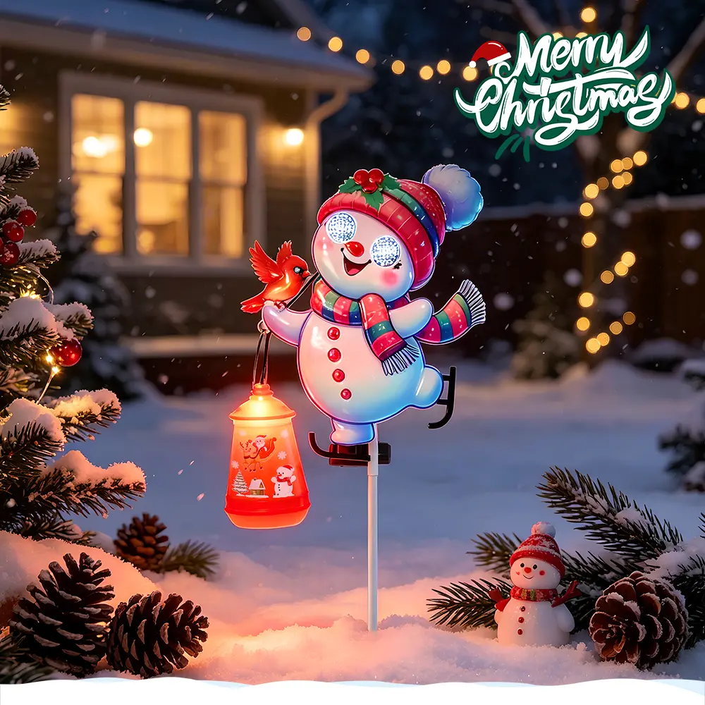 Solar Christmas Snowman Stake Light with Glowing Lantern, IP65 Waterproof Outdoor LED Decor Light, Auto Dusk-to-Dawn Solar Powered Yard Light for Garden Pathway Porch Lawn, Winter Xmas Holiday Decoration Gift