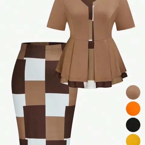 Plus Size Women's Chic Casual Fashion Colorblock Short Sleeve Top & Skirt Two-Piece Set, Knit Fitted Geometric Print, Skirt And Top Set, Womenswear