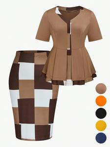 【Plus Size】 Two-Piece Set All Over Print Top & Skirt, Casual Fashion Cozy Short Sleeve Top & Skirt for Daily Outdoor Wear, Women Clothing for All Seasons