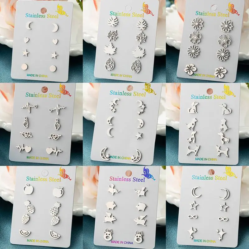 4Pairs/Lot Fashion Flower Stainless Steel Mini Stud Earrings for Women Cute Star Moon Heart Earings Jewelry Set Valentine's Gift