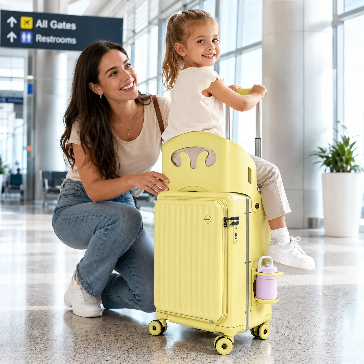 Family Travel Kids Ride On Suitcase, Toddler Rolling Luggage with Seat & Cup Holder, Smooth Spinner Wheels Luggage