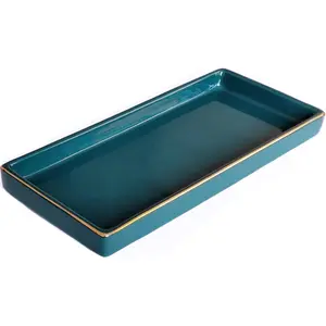 10 x 5 Ceramic Bathroom Countertop Tray, Decorative Small Rectangular Vanity Tray for Dresser Tops, Perfect for Holding Perfume, Candle, Jewelry, Cosmetics, Green